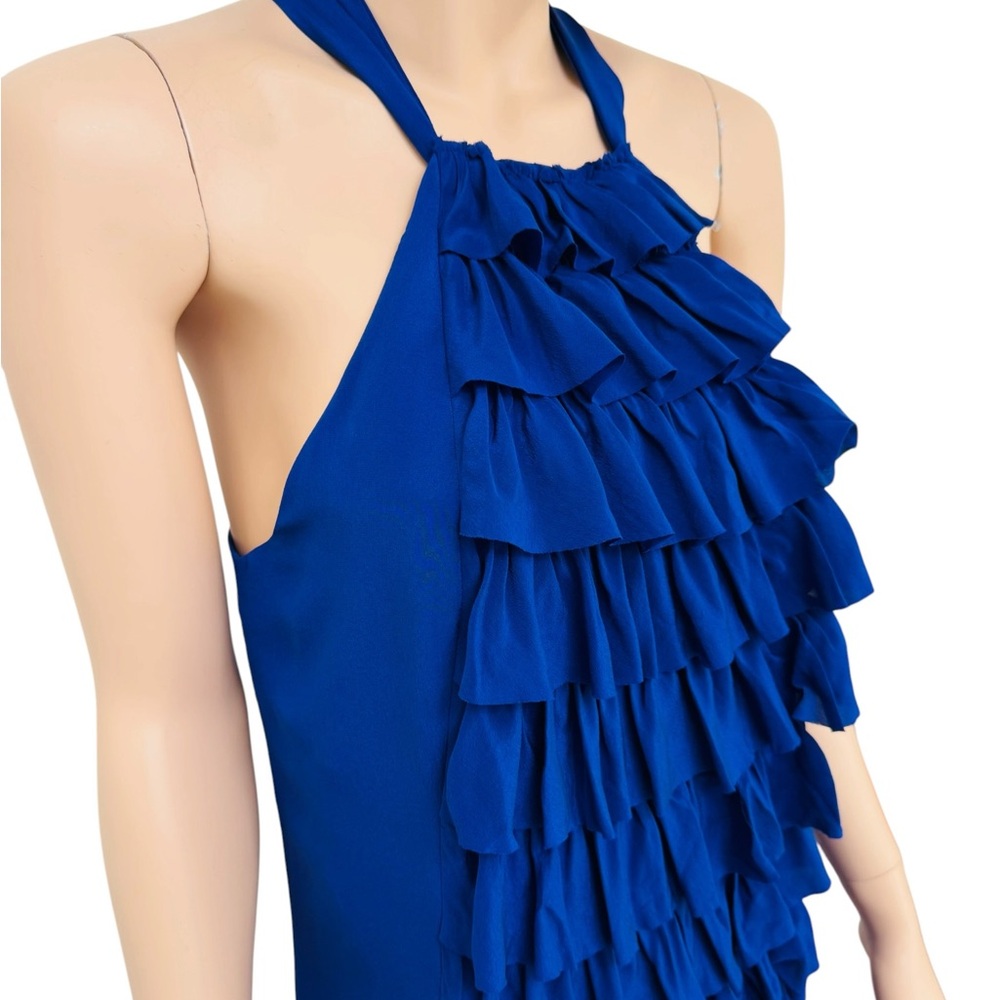 Va Et Vien 100% Silk Ruffle Halter Dress Women Size 8 Blue Cocktail Party Resort - Picture 7 of 11